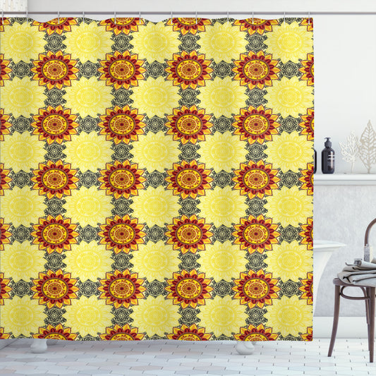 Vibrant Yellow Mandala Design on Black and Ruby Bath Curtain