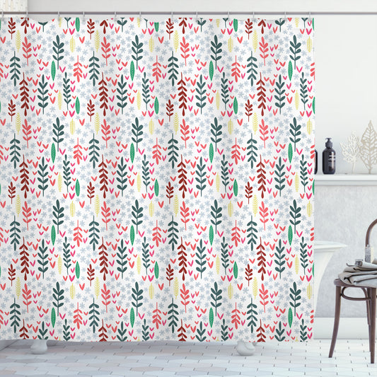 Vibrant Hand-Drawn Nature Inspired Shower Curtain Featuring Multicolored Leaves