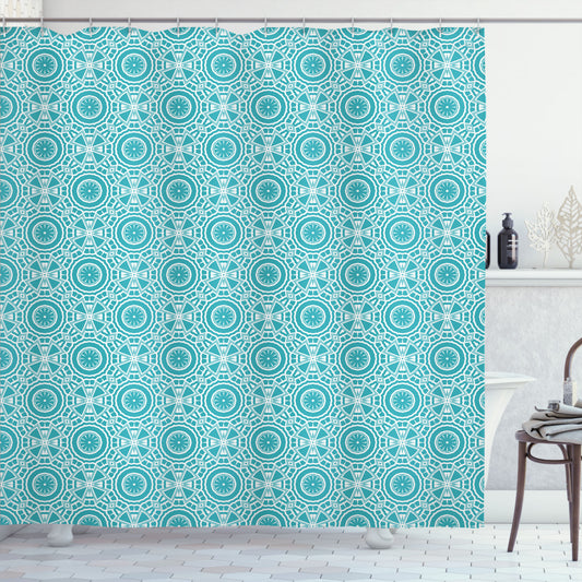 Boho-Inspired White and Dark Seafoam Modern Mandala Shower Curtain