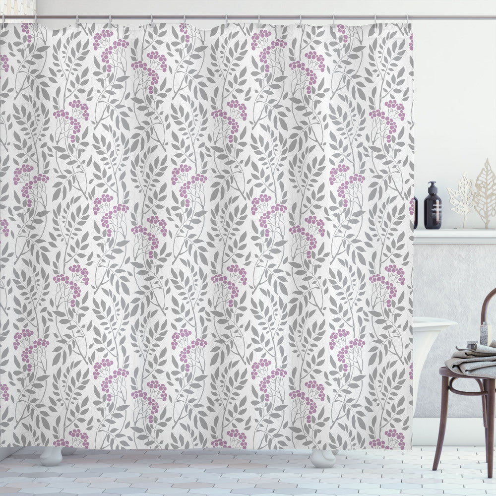 Vintage Spring Sprigs Berries Shower Curtain in Pale Grey, Mauve, and Grey