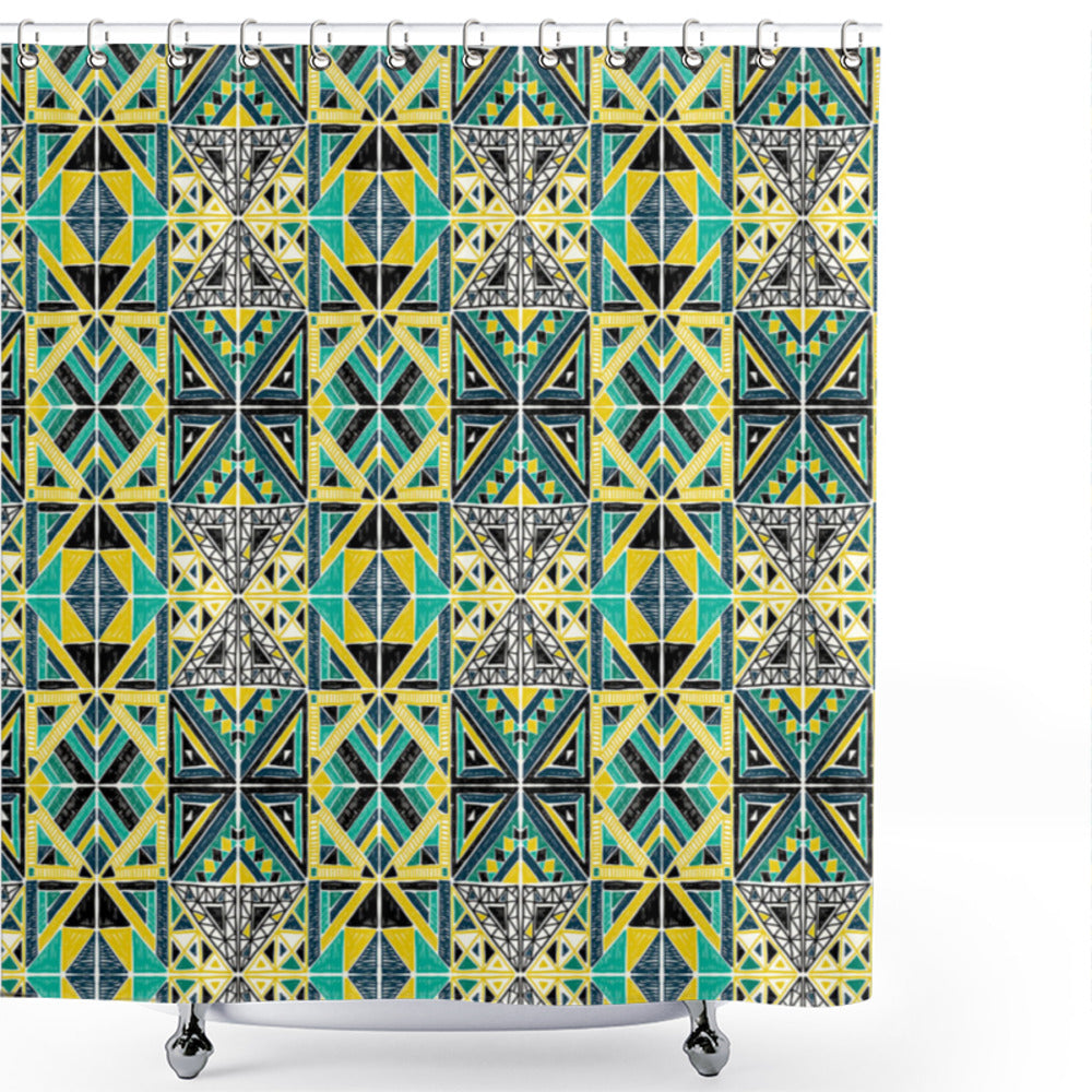 Aztec Inspired Hand Drawn Geometric Pattern in Pale Earth Yellow, Dark Seafoam, Charcoal Grey, and White - Shower Curtain