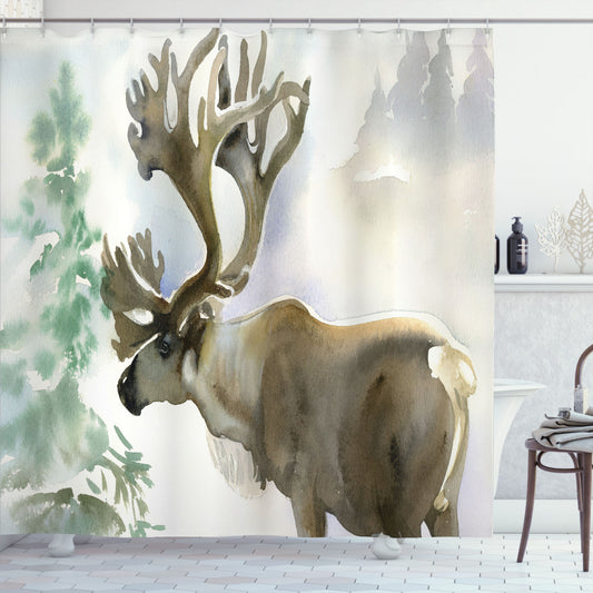 Antler and Winter Forest inspired Beige and Green Paint Style Shower Curtain