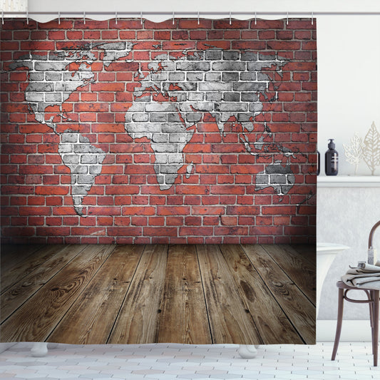 Wanderlust Rustic Map Bath Curtain in Pale Grey and Cinnamon Grunge Style