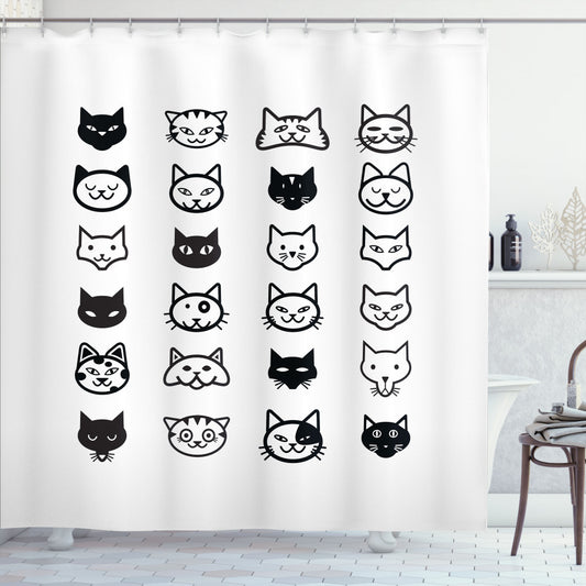 White and Black Monochrome Cat Lover Face Design Shower Curtain