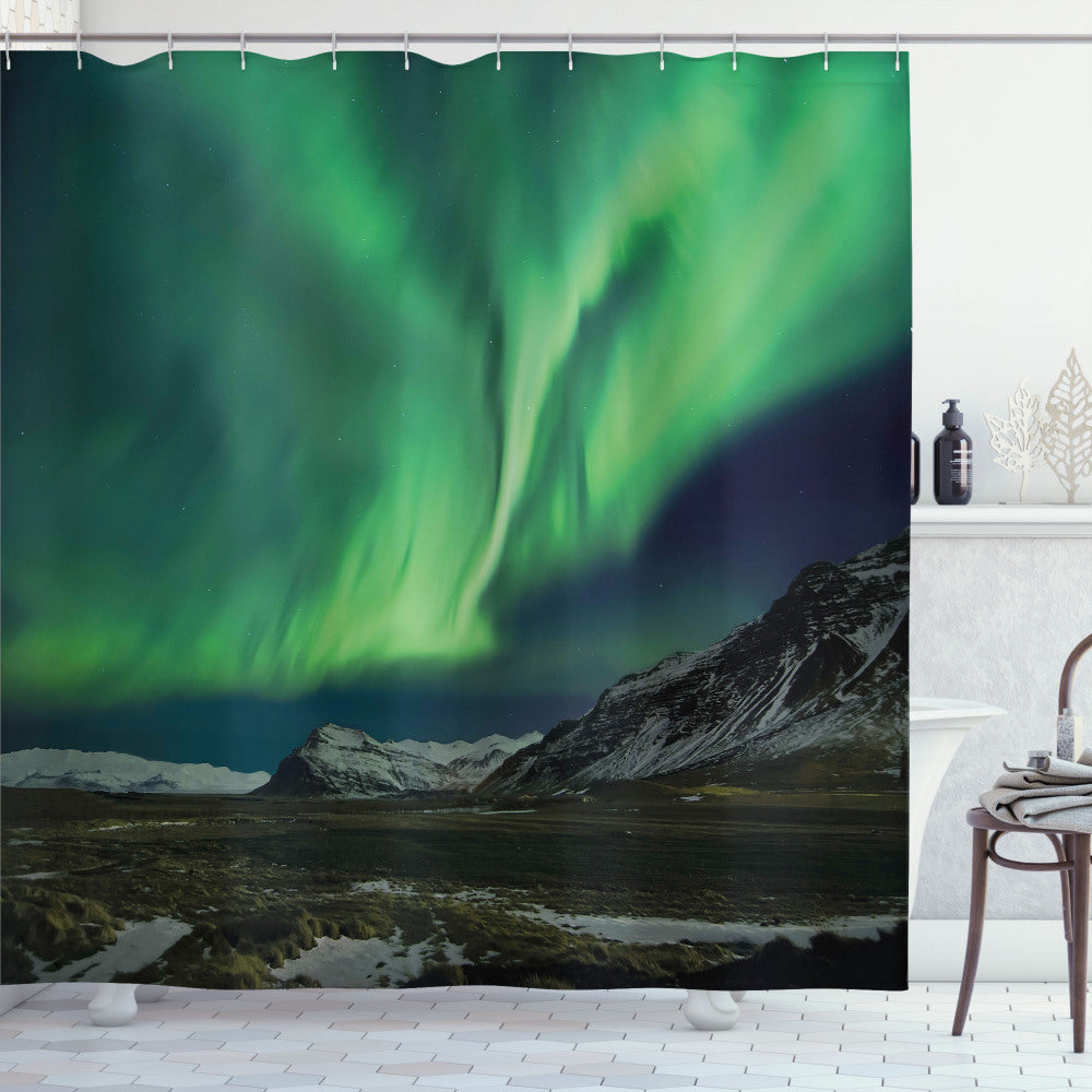 Captivating Polaris Mountain Inspired Shower Curtains in Aurora Borealis, Army Green, Blue Grey, and Jade