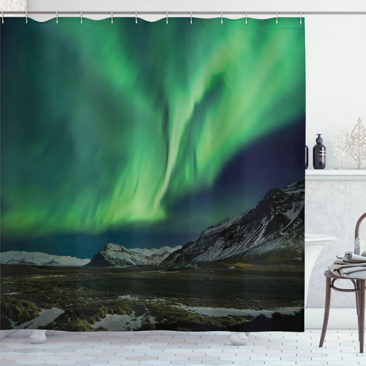 Captivating Polaris Mountain Inspired Shower Curtains in Aurora Borealis, Army Green, Blue Grey, and Jade