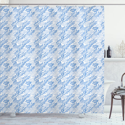 Blue and White Hawaii Leaves Shower Curtain: Featuring Pale Blue and White Design