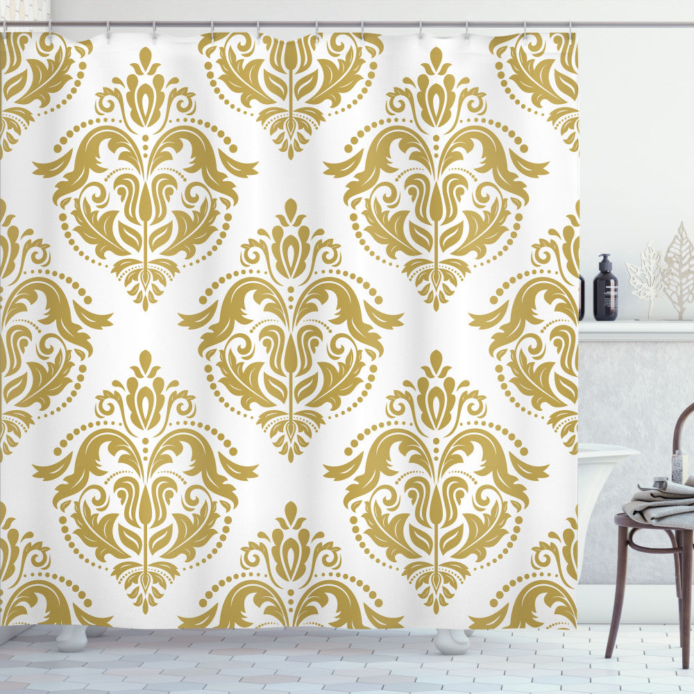 Victorian Classical Lovers Damask Yellow and White Shower Curtain