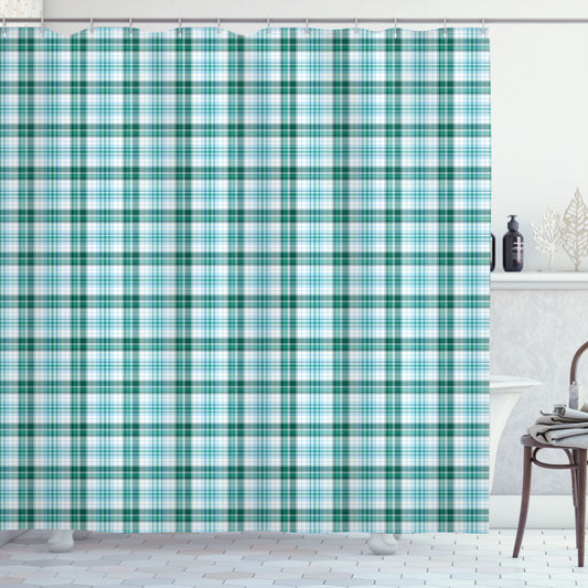 Turquoise, Sea Green, Pale Blue, and White Checkered Tartan Shower Curtain