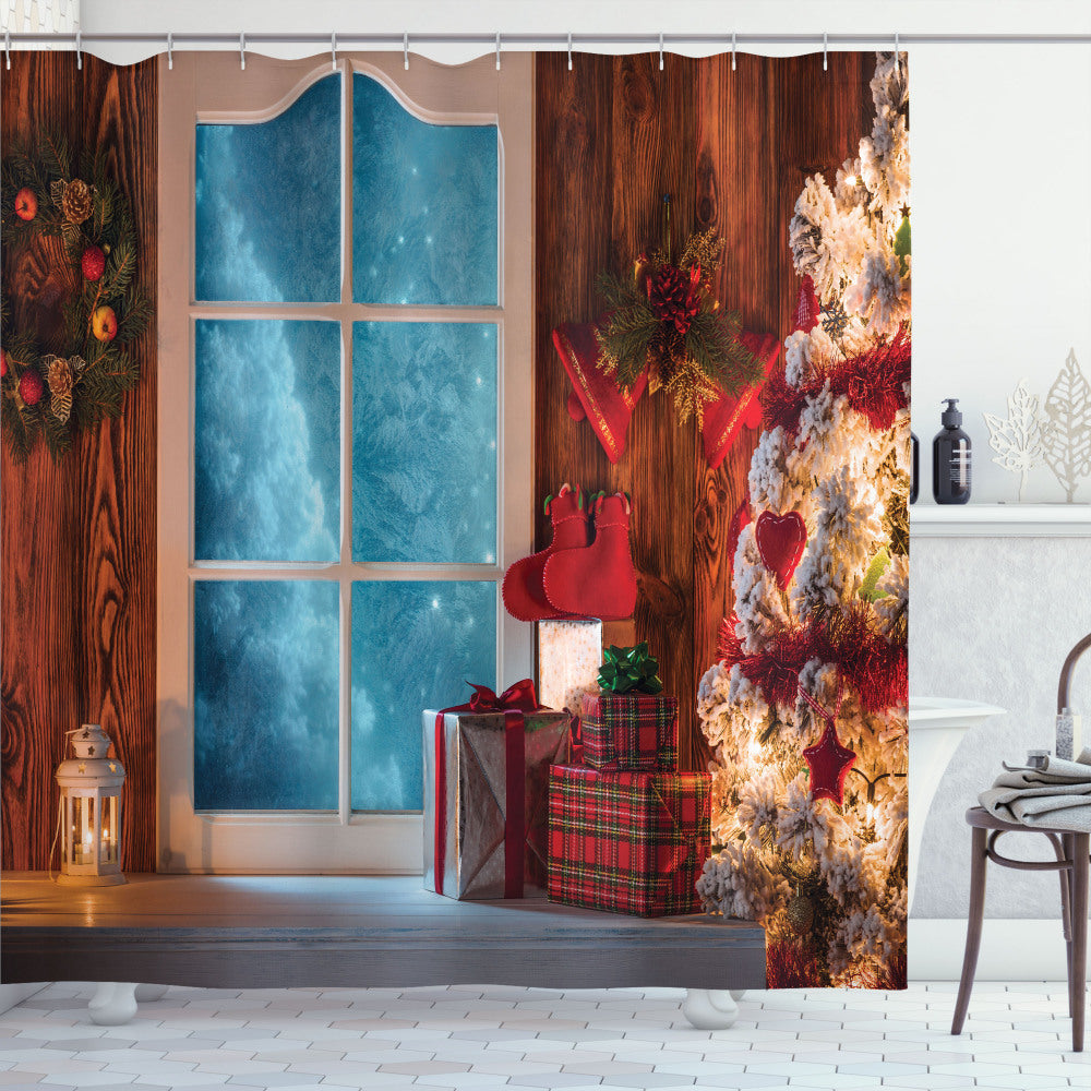 Christmas-themed Frozen Snowy House Shower Curtain in Blue and Red