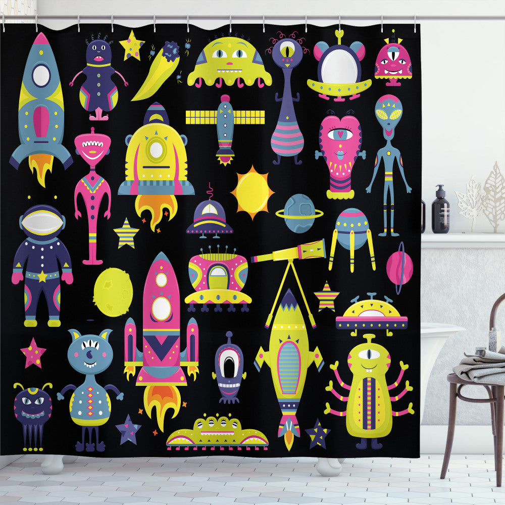 Alien-Inspired Charcoal Grey and Multicolor Funny Eyed Creatures Rockets Shower Curtain