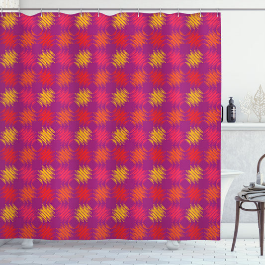 Boho Chic Hand Drawn Square Motif Multicolor Shower Curtain Design