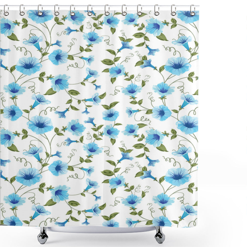 Aqua, Pale Blue, White, and Green Fresh Bindweed Blossoms Shower Curtain Design