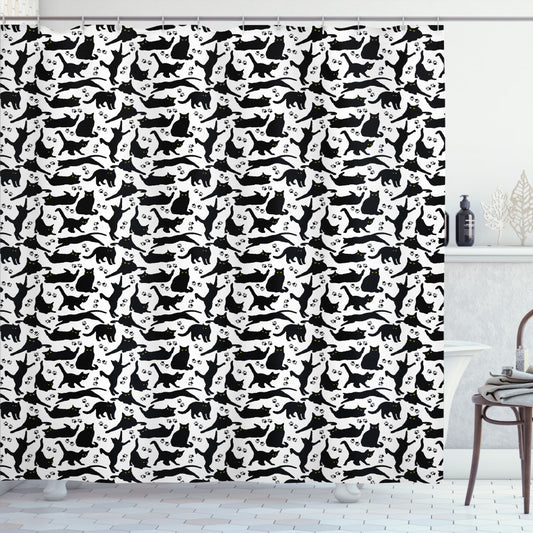 Black and White Cats Striking Different Poses on Shower Curtain