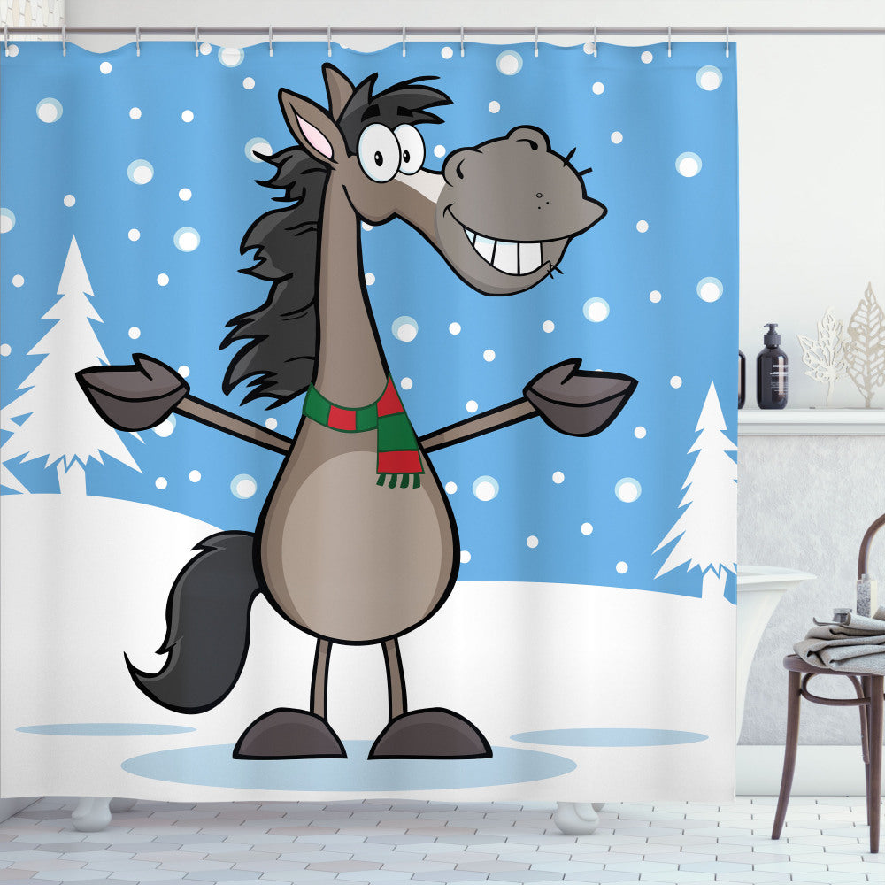 Cheerful Mascot Horse in Snowy Forest Shower Curtain - Featuring Deep Sky Blue and Multicolor Design Elements