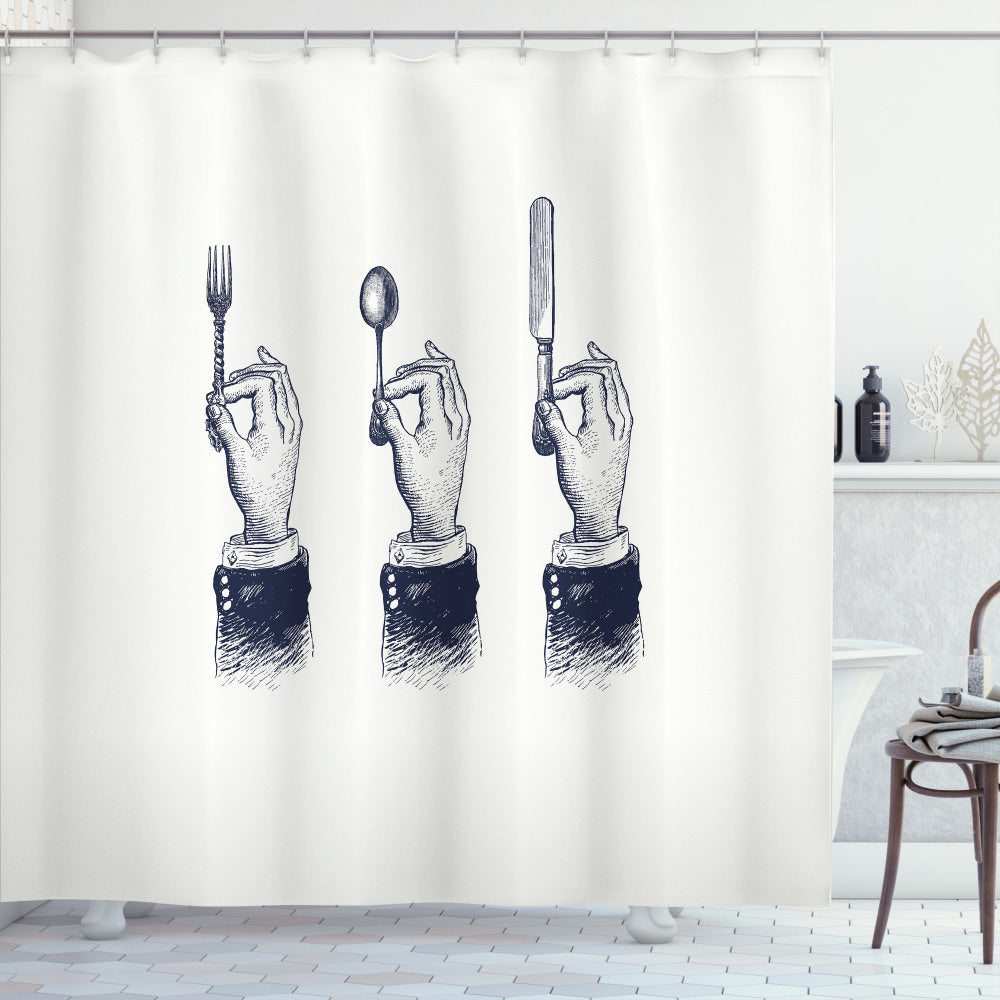 Blue and White Cutlery Hands: Dark Blue and White Shower Curtain