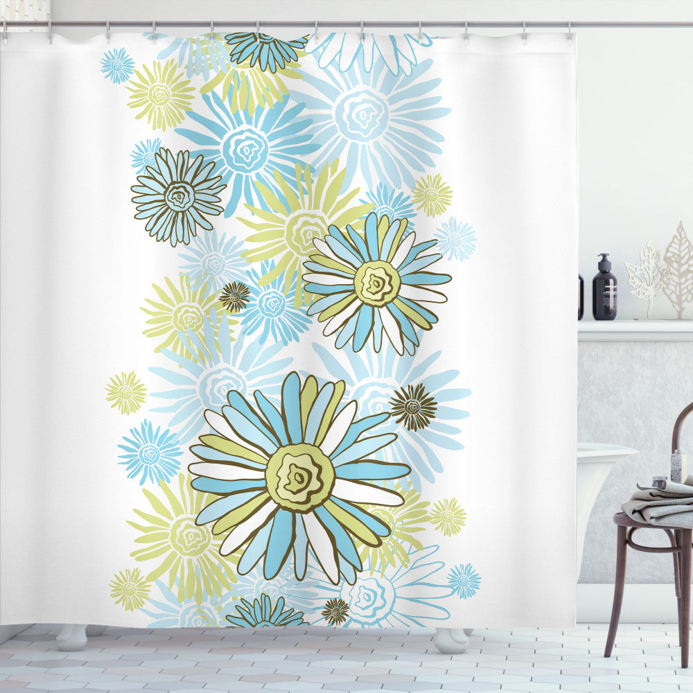 Wild Flower Chamomiles Bath Curtain in Turquoise, Pale Green, Dark Green, and Blue