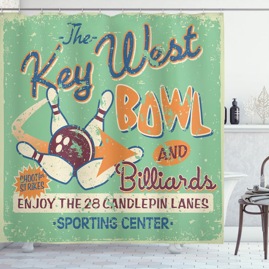 Vintage Bowling Poster with Fern Green, Burgundy, and Orange color scheme featuring shower curtain.