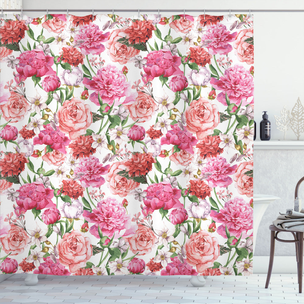 Watercolor Floral Shower Curtain featuring Peonies and Roses in White, Pink, and Red