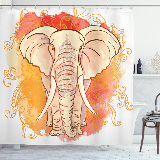 White and Orange Elephant Pattern Shower Curtain