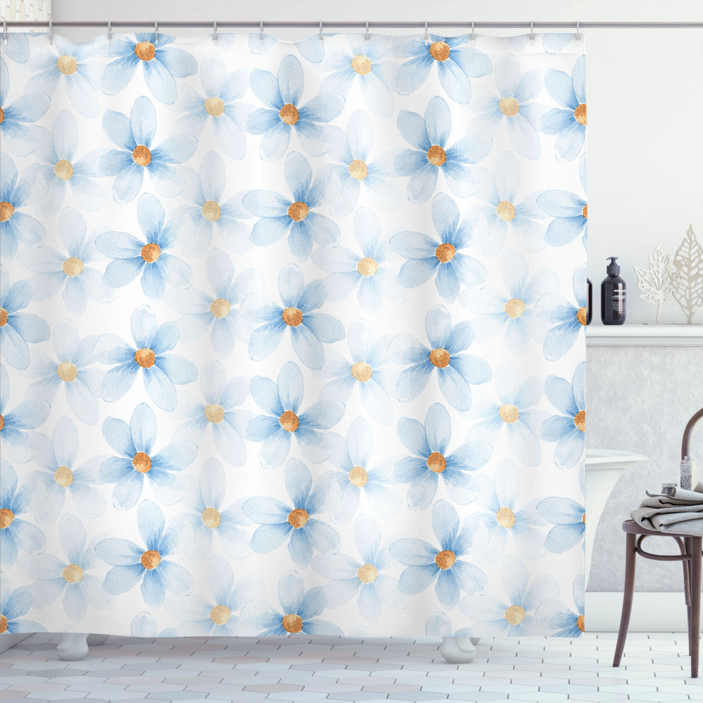 Watercolor Chamomiles Bath Curtain in Yellow, White, and Blue - the Perfect Floral Art for Your Bathroom