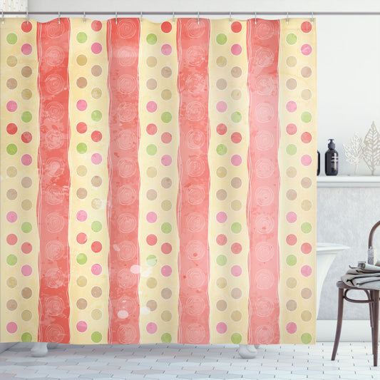 Abstract Nostalgic Stripes and Dots: Pale Yellow and Coral Shower Curtain