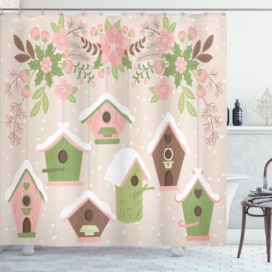 Birdhouse Floral Pattern Shower Curtain in Pastel Shades of Khaki, Blush, Pale Eggshell, and Pistachio Green.