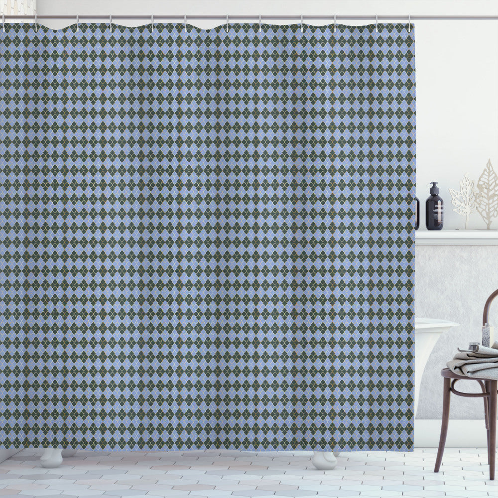 Traditional Eastern Grid Bath Curtain in Quatrefoil Design with Ceil Blue, Evergreen, and Pastel Brown