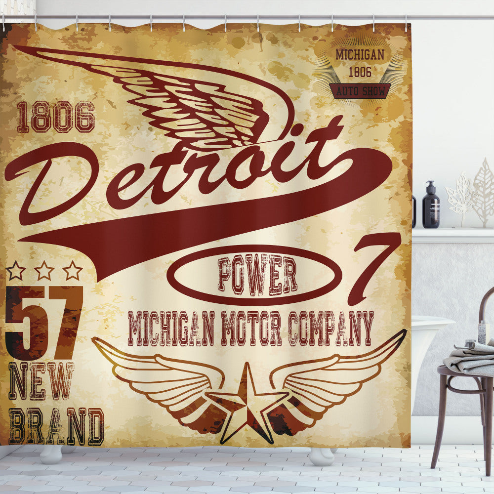 Vintage Michigan Auto-Inspired Shower Curtain in Detroit, Pale Yellow, and Burgundy