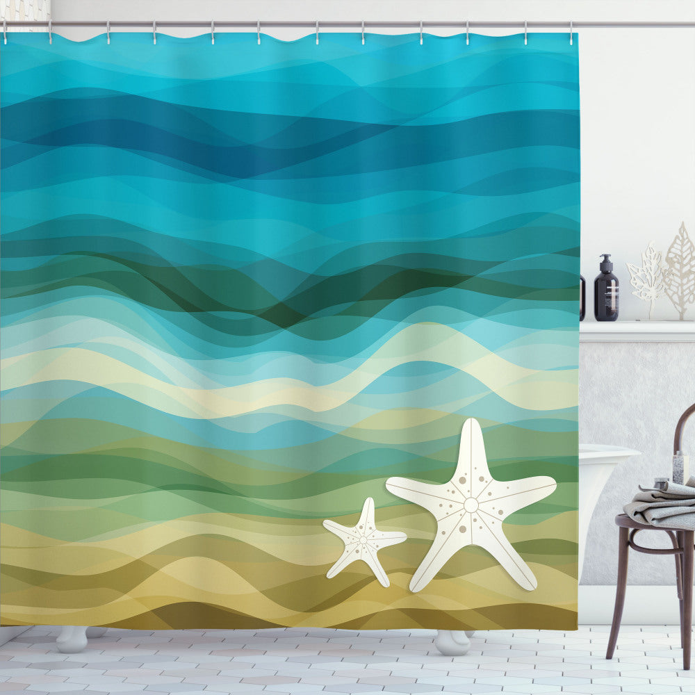 Abstract Waves and Starfish Design Shower Curtain in Beige and Blue