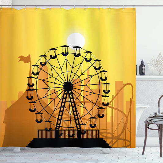 City of Fun: Ferris Wheel, Mustard, Ginger, Apricot, and Black Bath Curtain