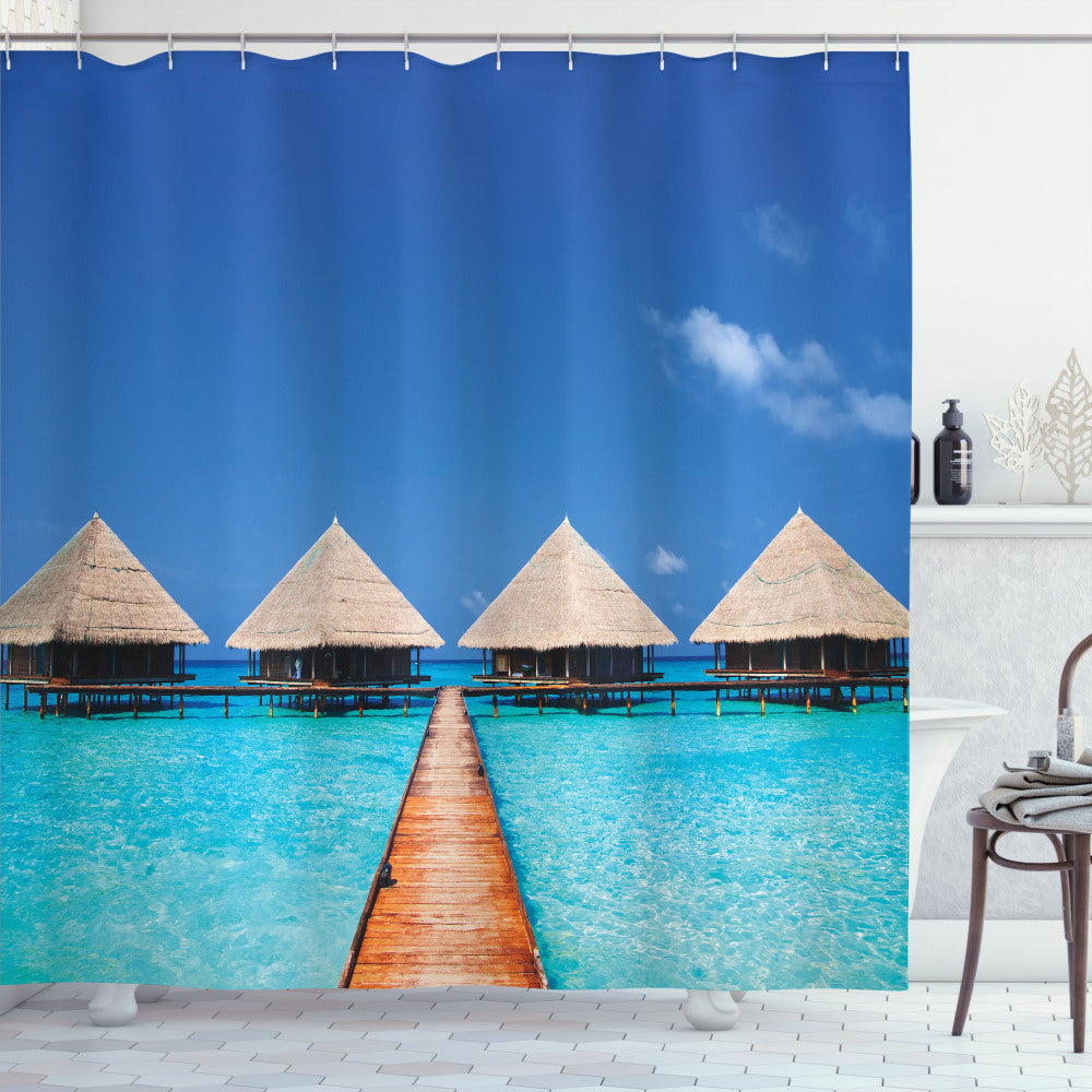 Vibrant Maldives Clear Waters Inspired Shower Curtain with Landscape Colors of Turquoise, Azure Blue, and Cream