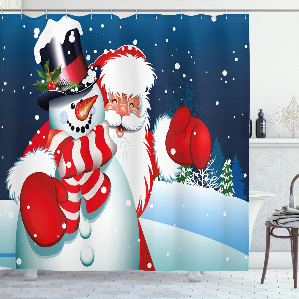 Christmas Santa Snowman Hugging Bath Curtain in White, Blue, and Red Colors