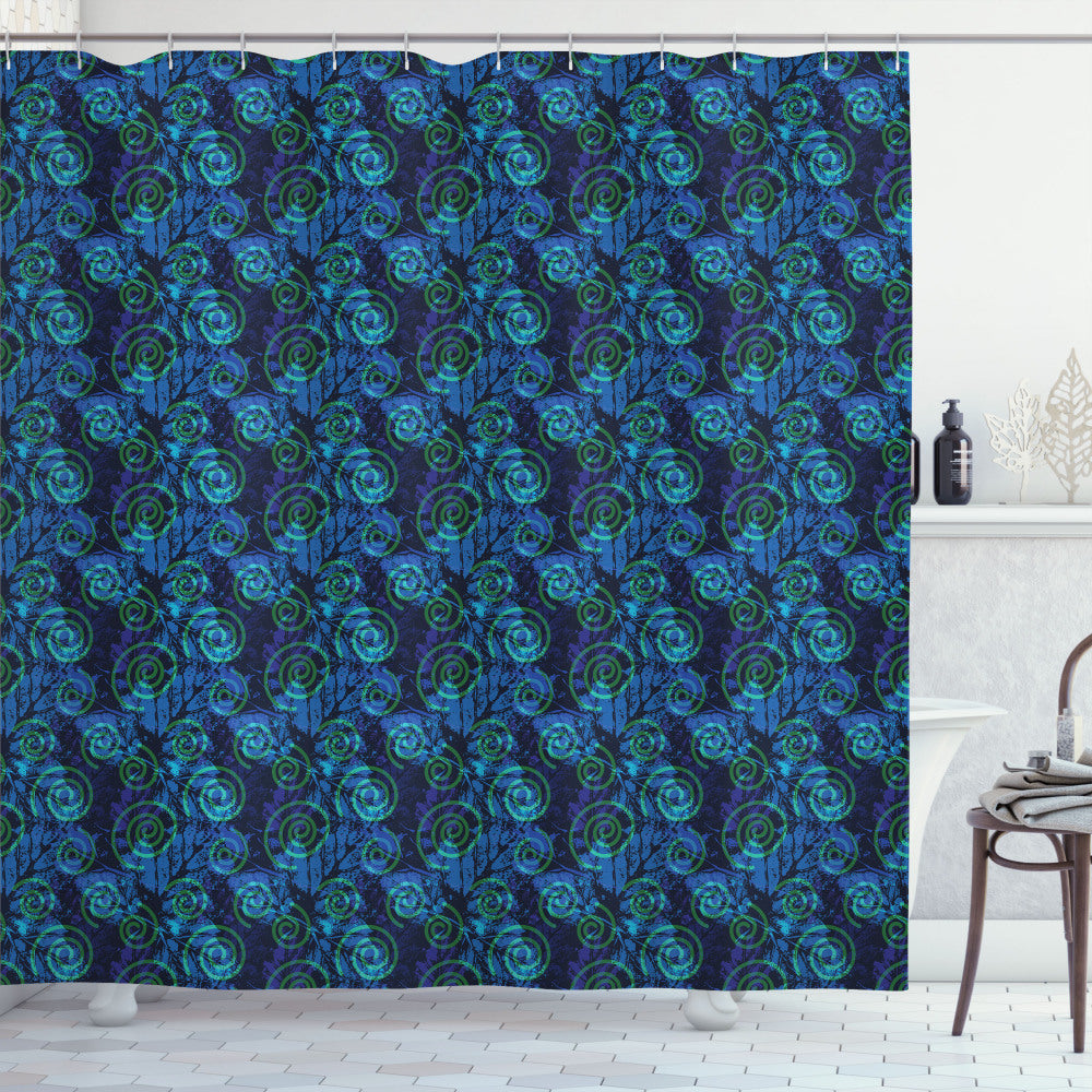 Abstract Leaf Patterns in Shades of Blue, Indigo, and Green Enhance Shower Curtain