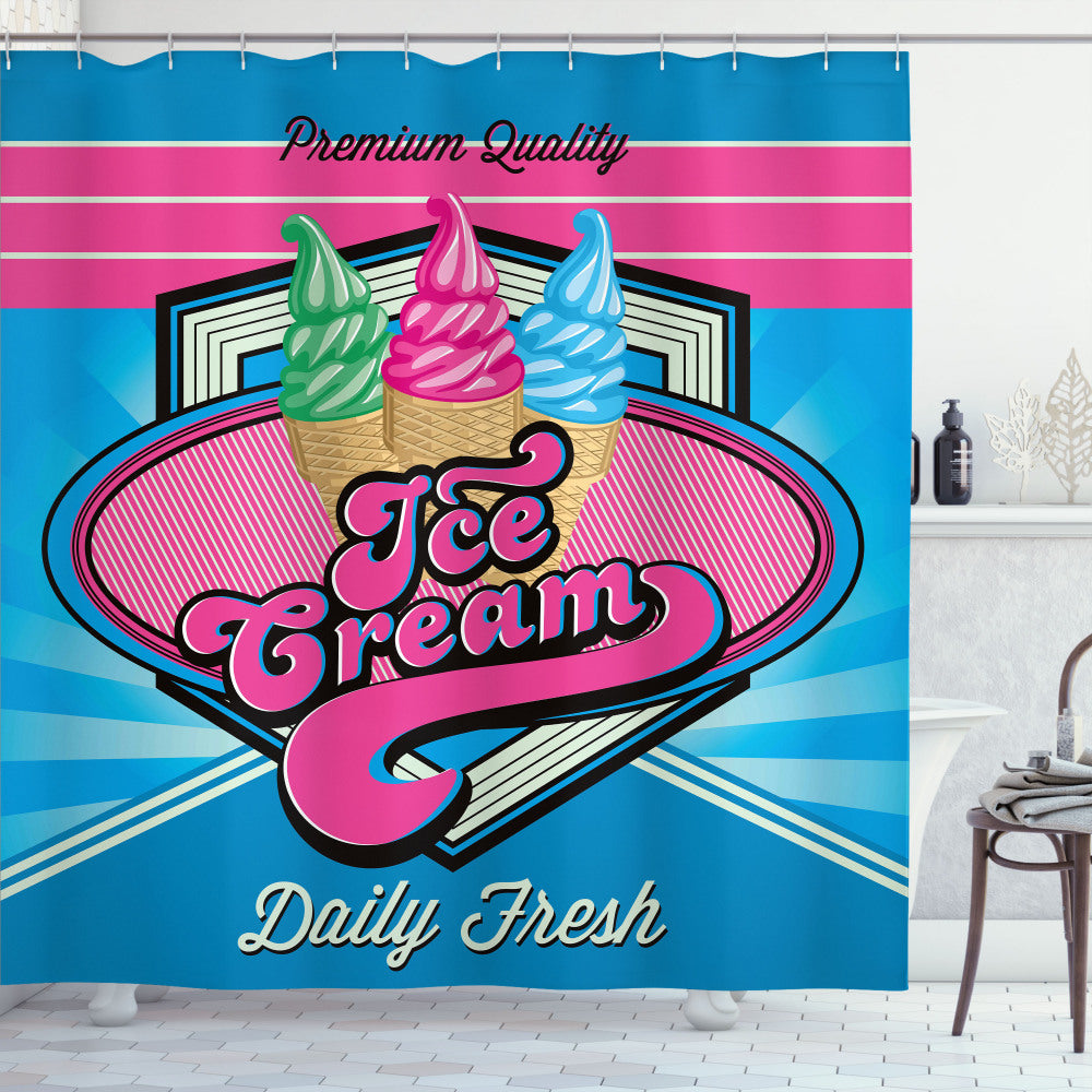 Vintage Ice Cream Illustration in Hot Pink and Blue for Shower Curtain Design