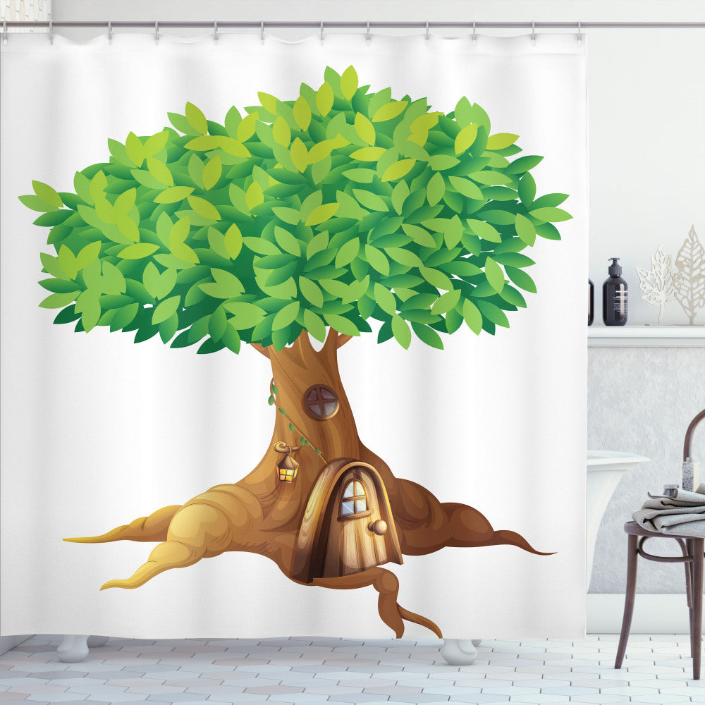 Tree House Bath Curtain in Majestic Trunk with Fern Green, Yellow Green, and Pale Caramel Accents