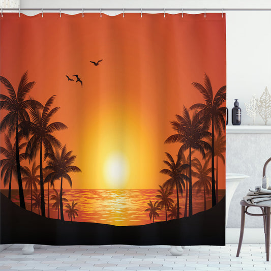 Tropical Sunset Palm Trees Sun Sea Shower Curtain in Burnt Orange, Dark Orange, Charcoal Grey, and Redbrown Palette