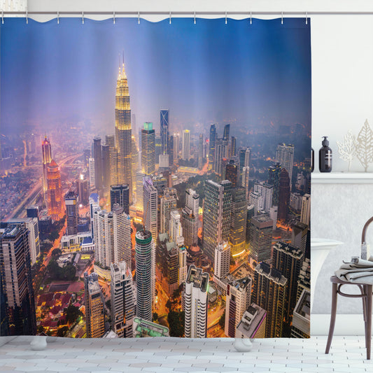 Urban City Skyline District Bath Curtain in Shades of Orange, Yellow, and Blue