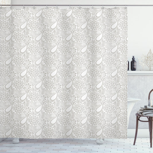 Abstract Floral and Leaf Paisley Design in White and Grey for Shower Curtain