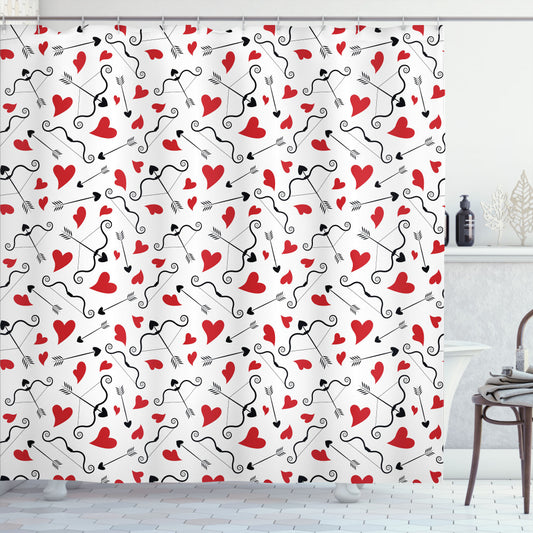 Valentine's Day Shower Curtain in White, Black, and Red: Cupid's Arrows Inspired Design