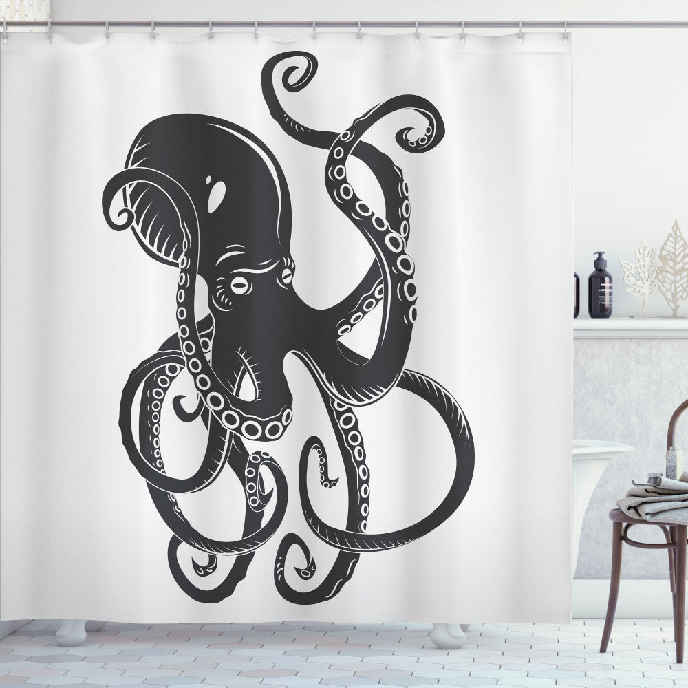 Black Octopus Cartoon Sea Shower Curtain