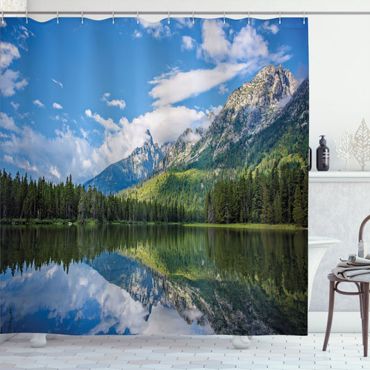 White, Green, and Blue Mountain Lake Landscape Shower Curtain