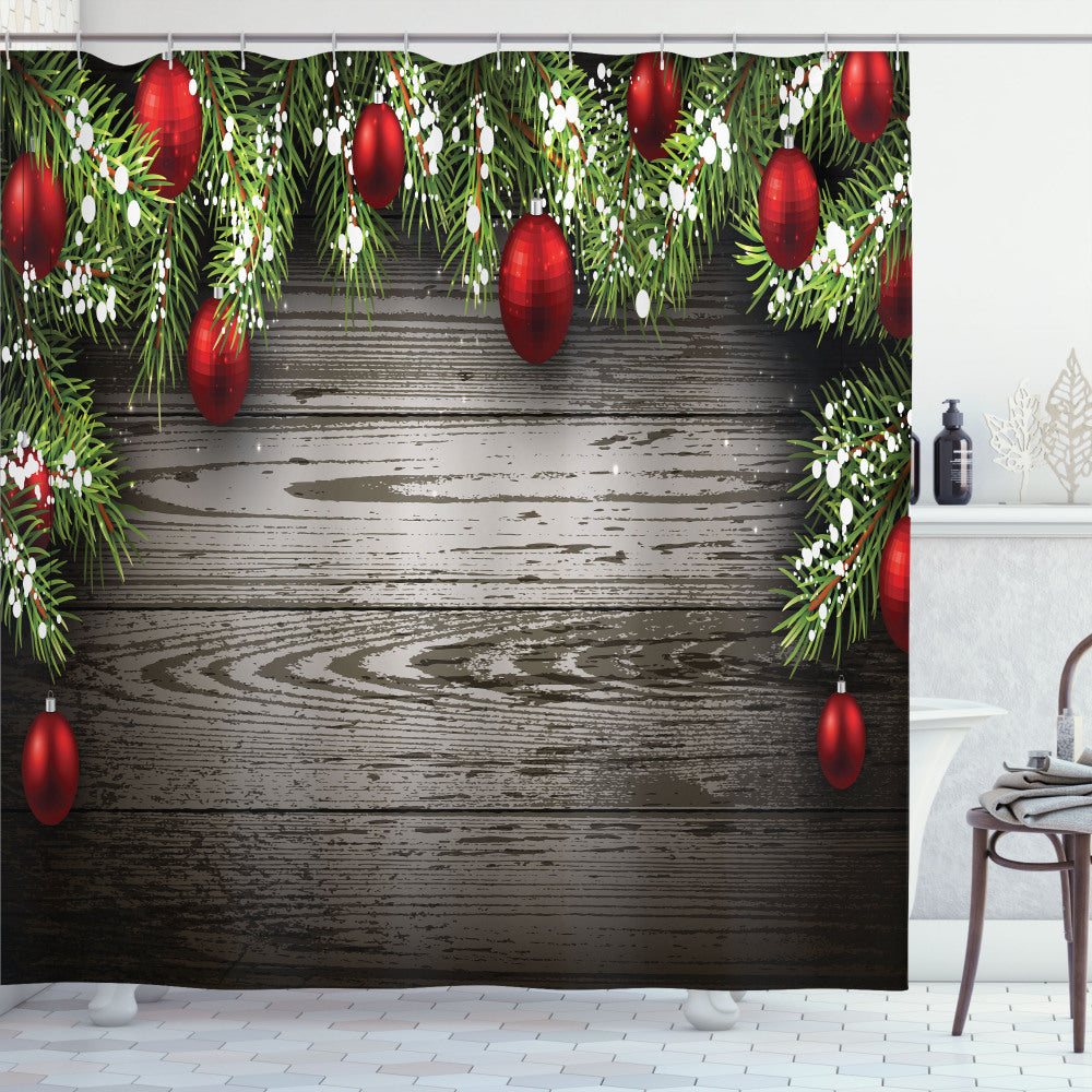 Christmas-themed Brown and Red Fir Branch Shower Curtain