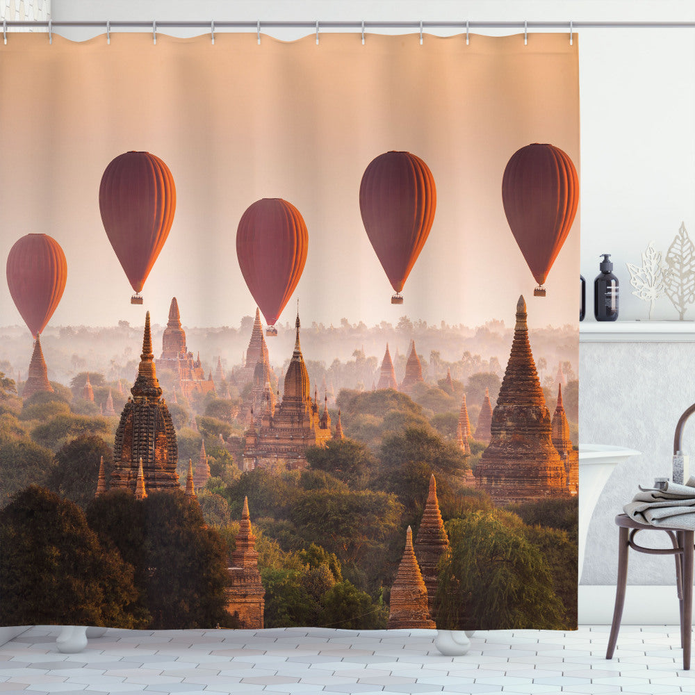 Asian-inspired Hot Air Balloon Myanmar Bath Curtain in Cinnamon, Orange, and Peach Tones