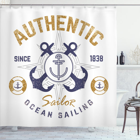 Anchor-themed Lifeboy Rudder Captain Shower Curtain in Pale Brown, White, and Blue