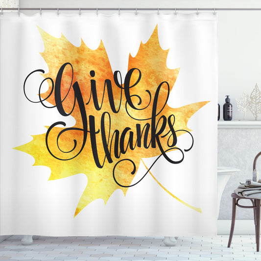 Autumn Leaf Bathroom Curtain with Saying in Orange, Yellow, and Black