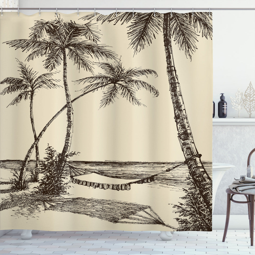 Tropical Beach Hammock Shower Curtain in Dark Brown and Cream