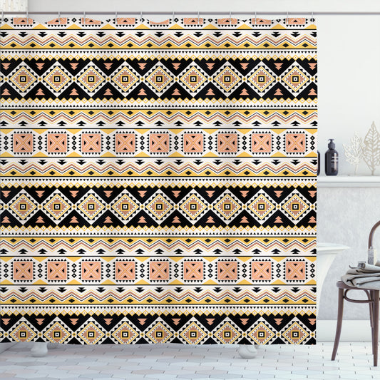 Aztec-Inspired Tribal Motif Art Shower Curtain in Mustard, Pale Salmon, Blush, and Charcoal Grey