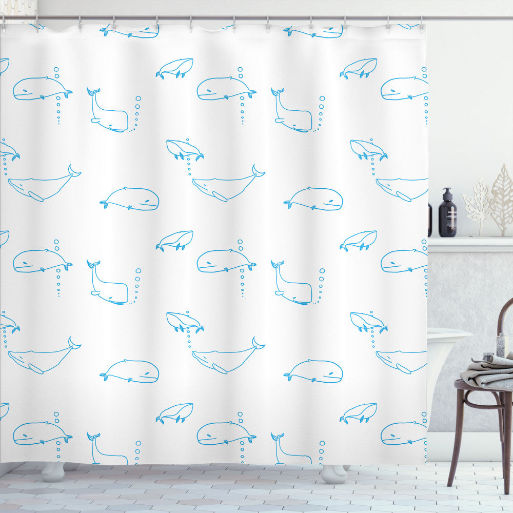 Whimsical Whale Design Shower Curtain in Sky Blue and White: Simple Drawing Mammal Fish