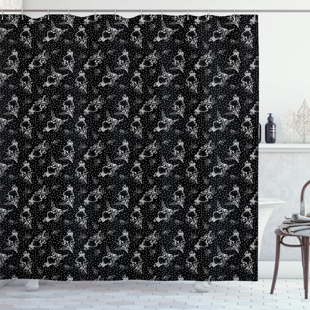 Botany-Inspired Modern Bouquets on Charcoal Grey and White Dots Shower Curtain